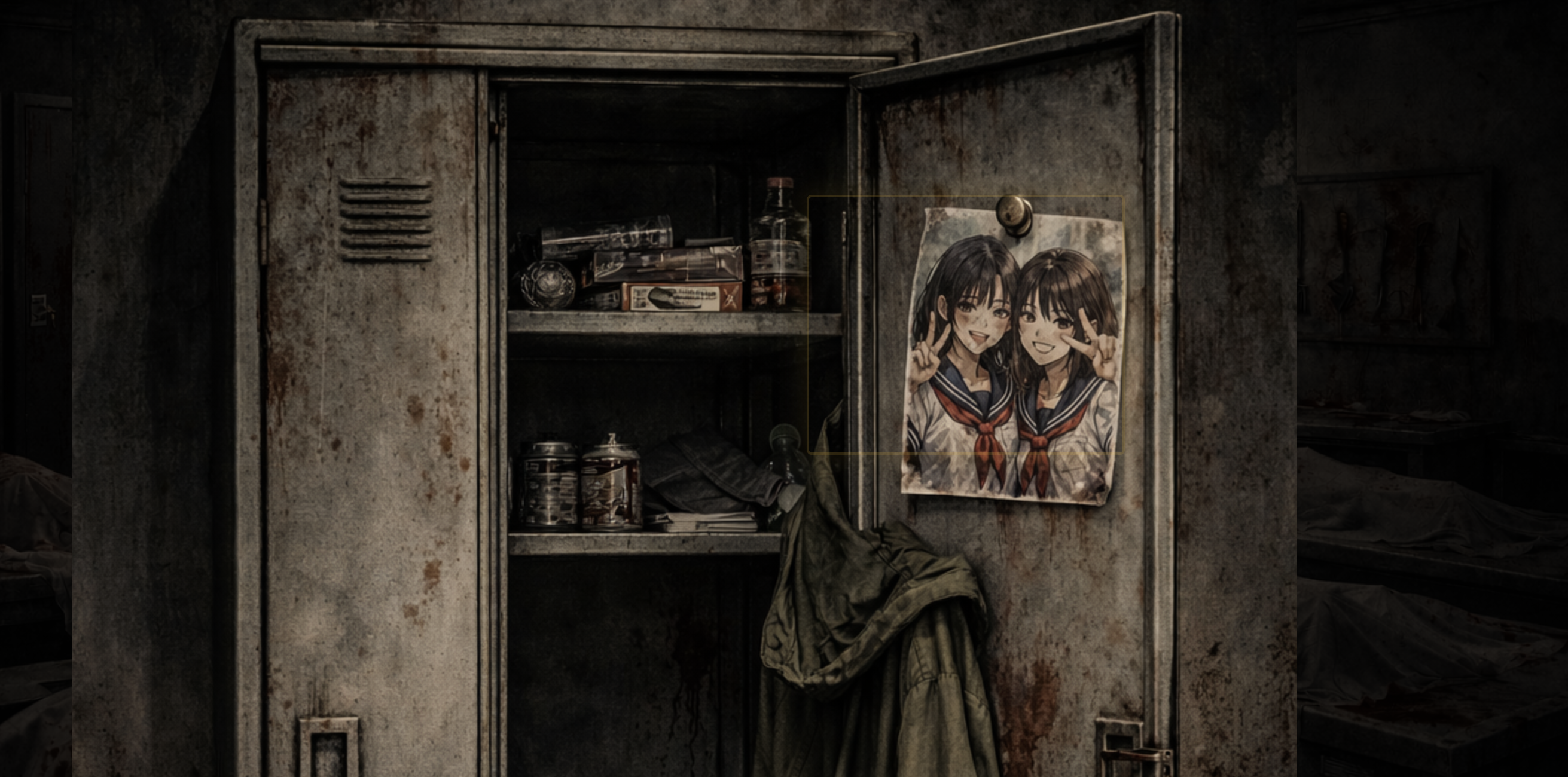 A dark, weathered school locker holding a pinned photograph from Echoes of the Abandoned